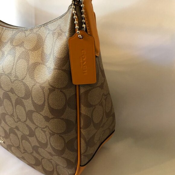 NWT Coach Signature Coated Canvas Hobo Handbag Khaki/Tangerine - Picture 5 of 10